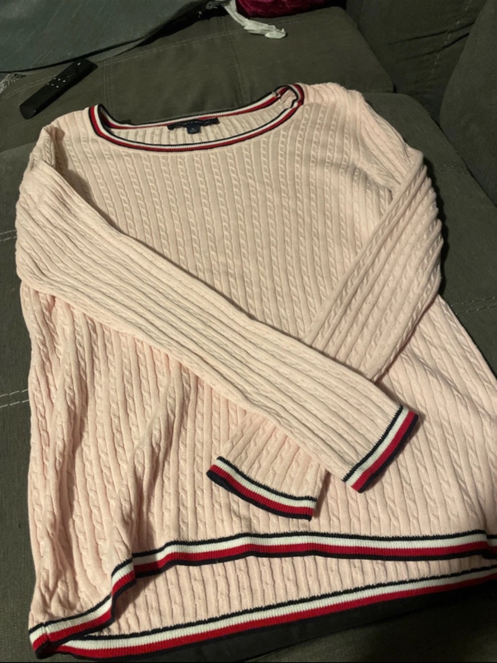 Tommy Hilfiger Light Pink Cable-Knit Crew Sweater with Signature Stripe Trim